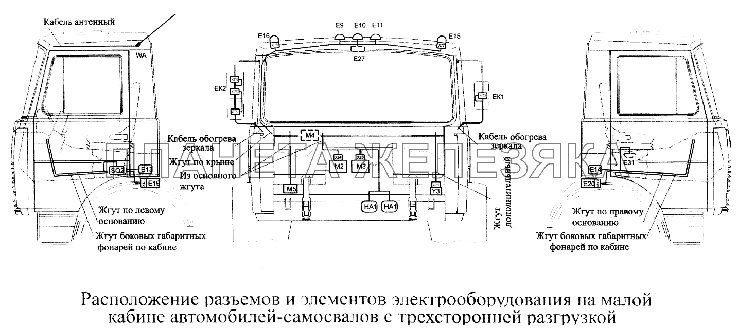 Расположение разъемов и элементов электрооборудования на малой кабине автомобилей-самосвалов с трехсторонней разгрузкой МАЗ-5516А5