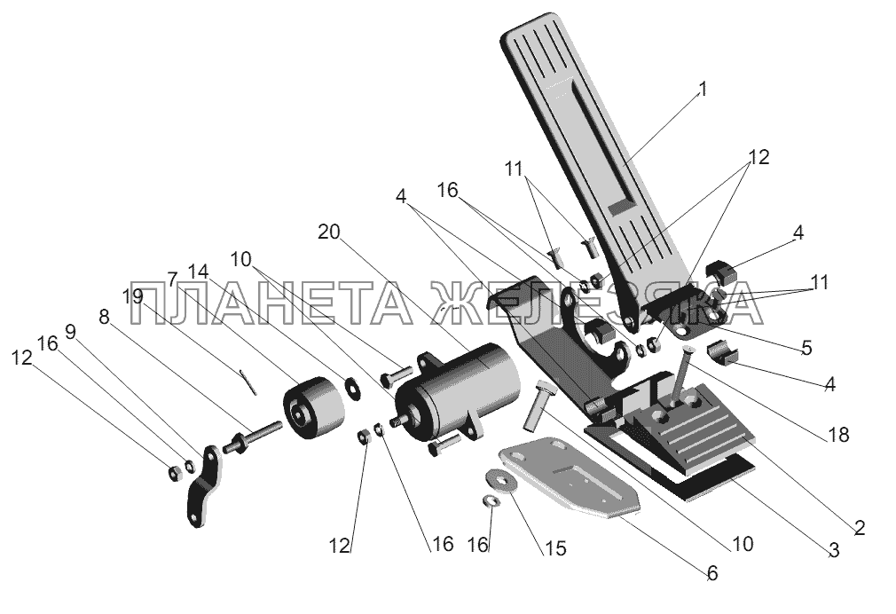 Установка педали управления двигателем 642268-1108002 МАЗ-555102, 5551А2