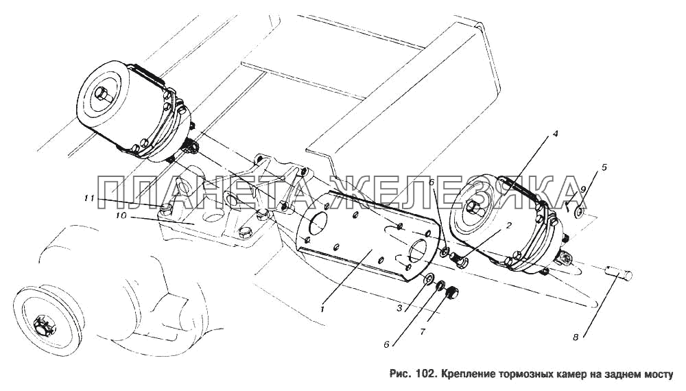 Крепление тормозных камер на заднем мосту МАЗ-53366