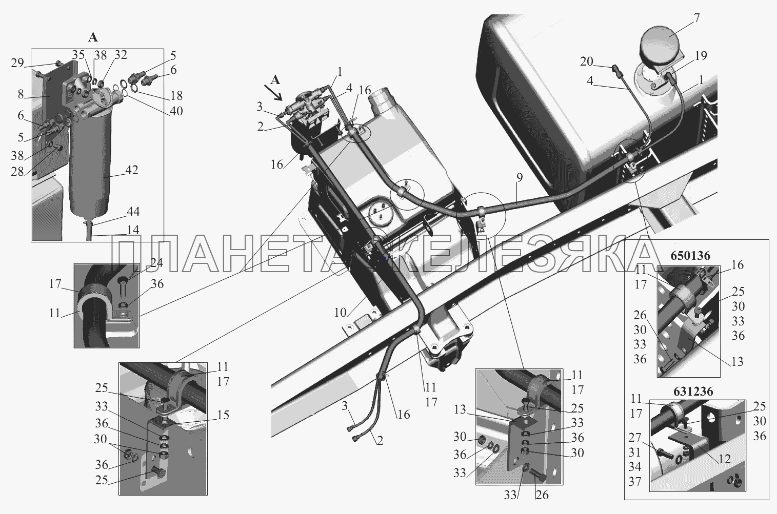 Установка топливопроводов 650136-1104002-010, 631236-1104002-010(без подогревателя) МАЗ-631236