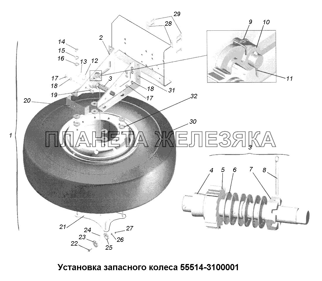 Колеса и ступицы\Установка запасного колеса 55514-3100001 МАЗ-631705, 631708