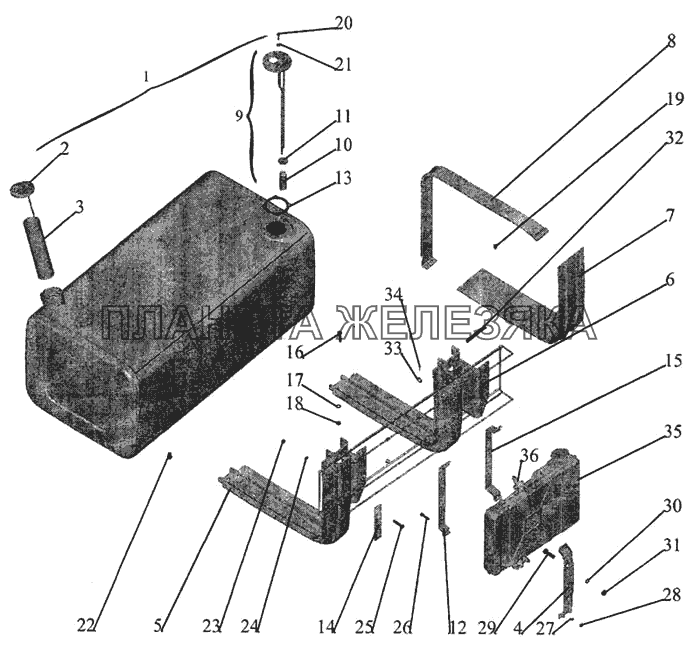 Крепление топливного бака и бачка подогревателя МАЗ-643068
