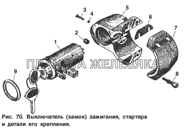 Выключатель (замок) зажигания, выключатель стартера и детали его крепления Москвич-2137