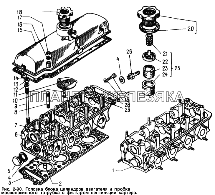 Головка блока цилиндров двигателя и пробка маслоналивного патрубка с фильтром вентиляции картера Москвич-2141