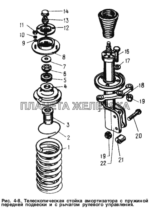 Телескопическая стойка амортизатора с пружиной передней подвески и с рычагом рулевого управления Москвич-2141