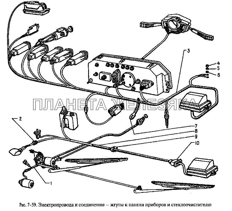 Электропровода и соединения - жгуты к панели приборов и стеклоочистителю Москвич-2335