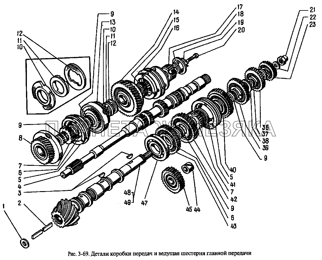 Детали коробки передач и ведущая шестерня главной передачи Москвич-2335