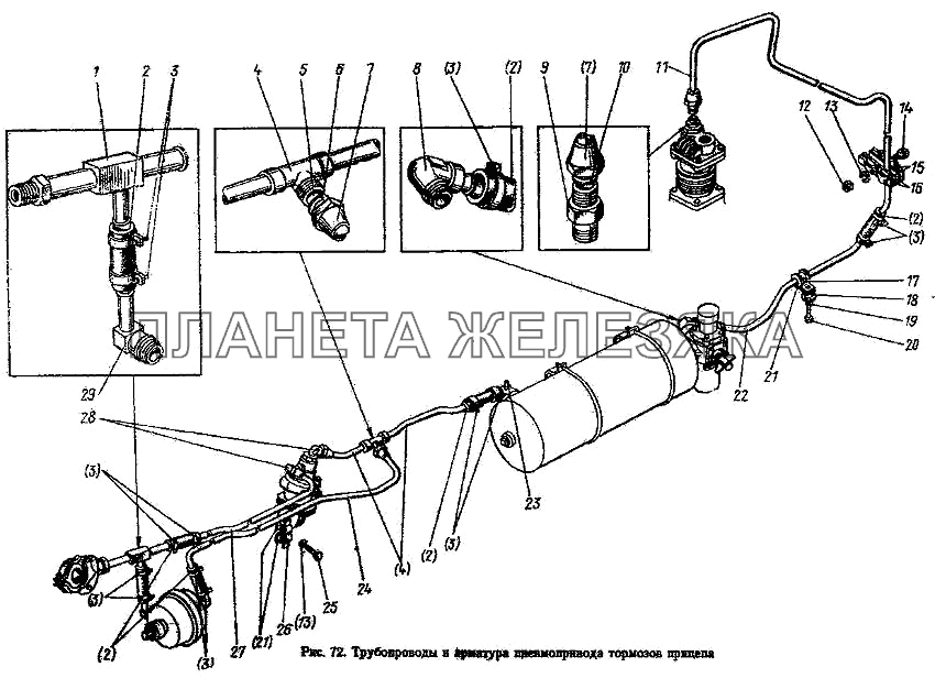 Трубопроводы и арматура пневмопривода тормозов прицепа МТЗ-100