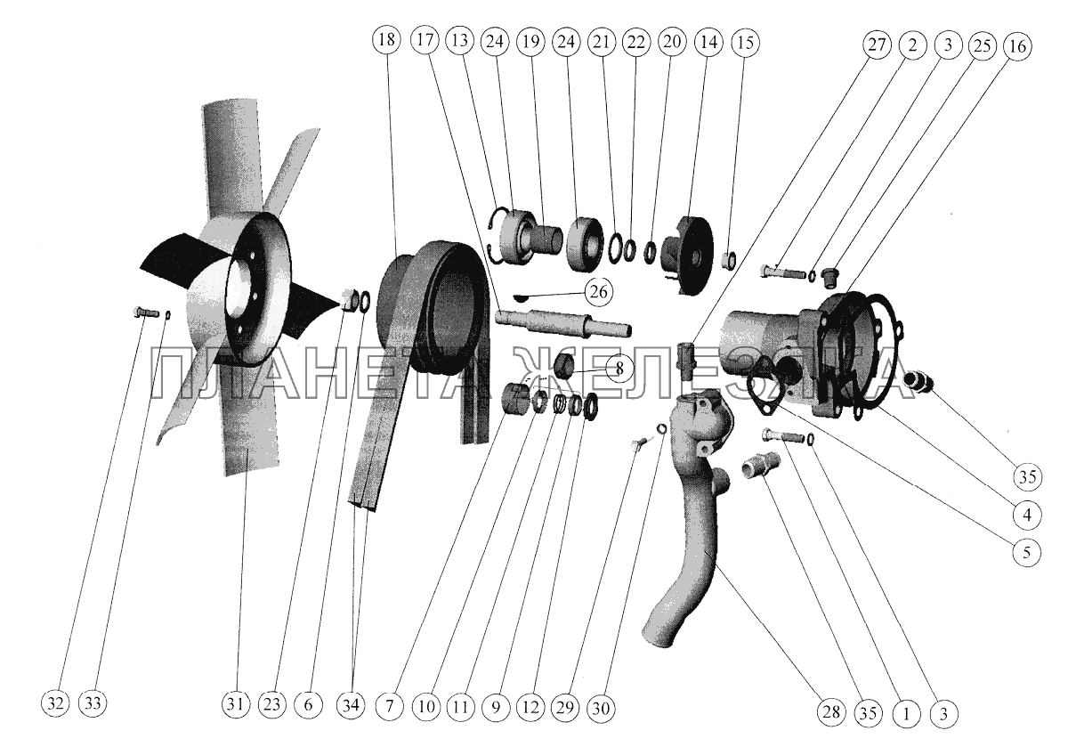 Установка водяного насоса. Установка вентилятора (Д-245/Д-245С) (1025, 1025.2) Беларус-1025/1025.2/1025.3