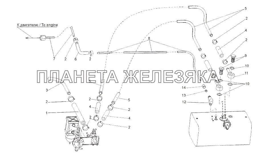 Топливопроводы нижнего топливного бака МЗКТ-79011