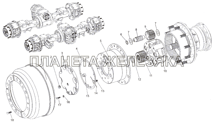 Установка колесной передачи задних мостов МЗКТ-79011