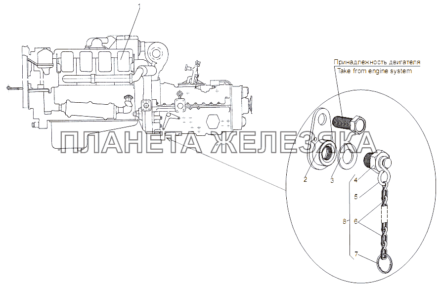 Двигатель в состоянии установки на шасси МЗКТ-79092 (нов.)