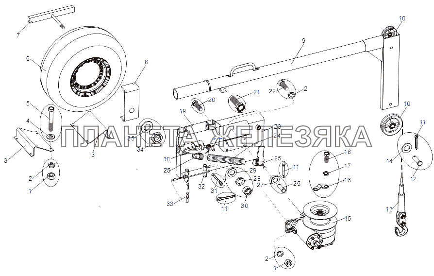 Установка подъемника запасного колеса МЗКТ-751652