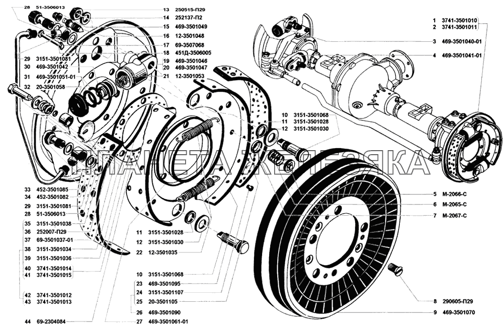 Тормоза рабочие передние и тормозные барабаны УАЗ-31512