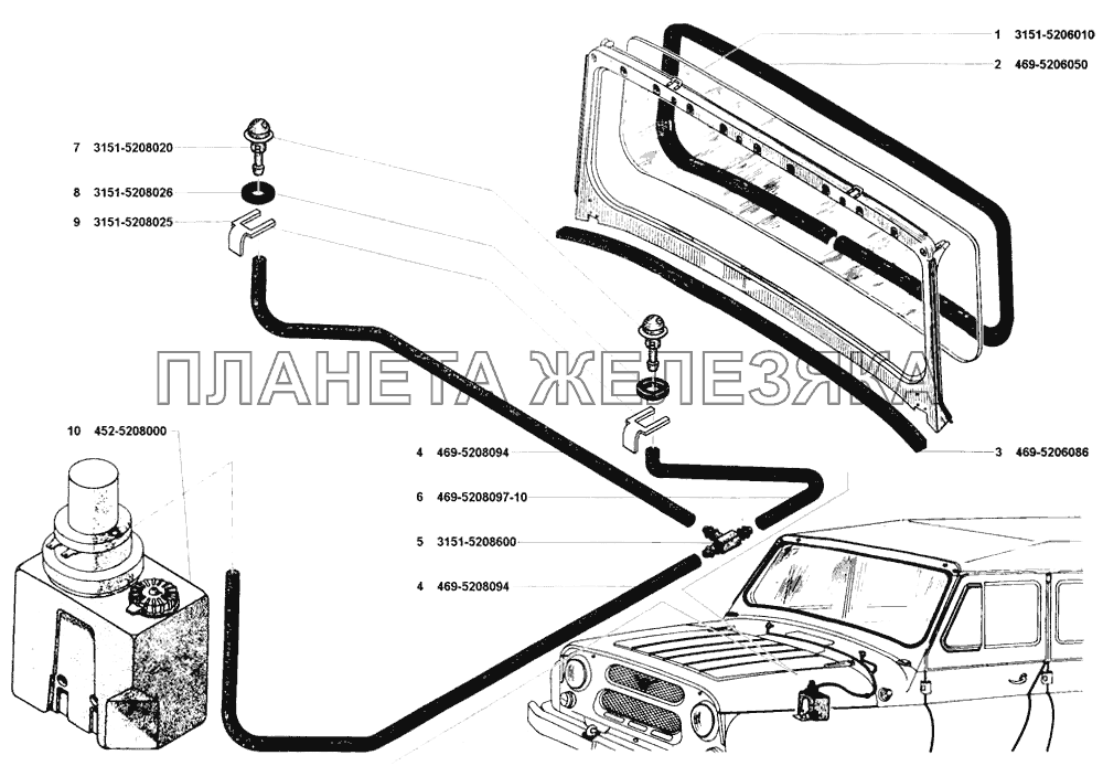 Окно ветровое, смыватель УАЗ-31512