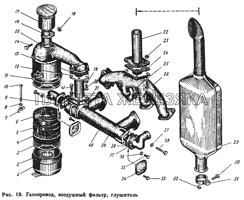 Газопровод, воздушный фильтр, глушитель ЮМЗ-6Л