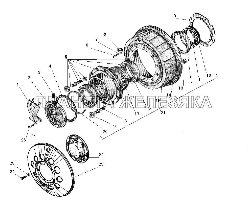 Ступица колеса и тормозной барабан переднего и заднего моста УРАЛ-4320-31