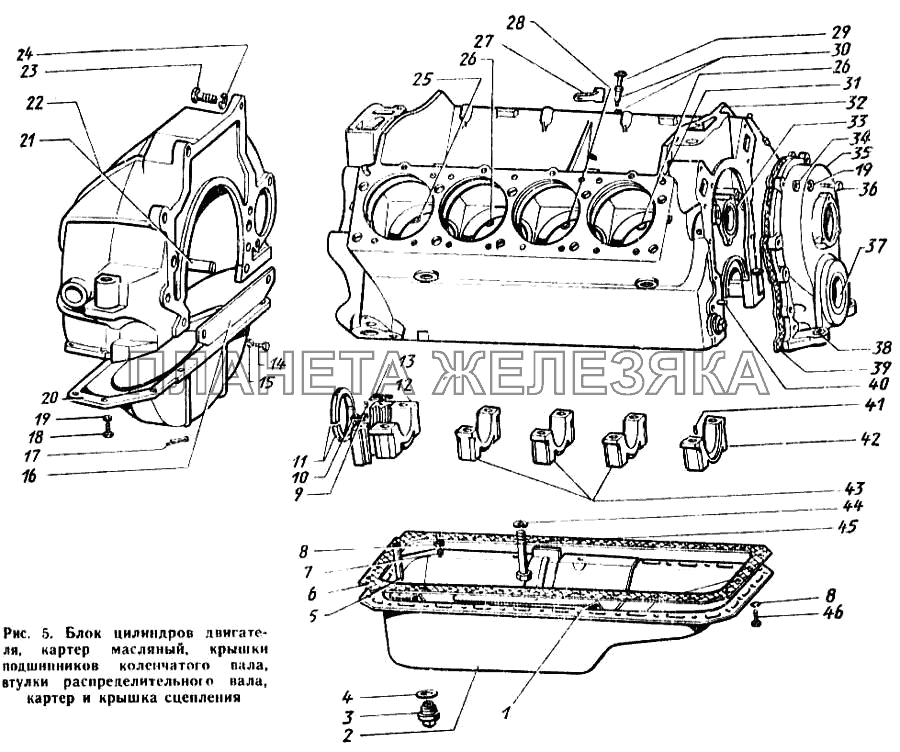 Блок цилиндров, картер масляный, крышки подшипников коленчатого вала, втулки вала  распределительного, картер и крышка сцепления ЗИЛ-431410 Каталог 1989 г.