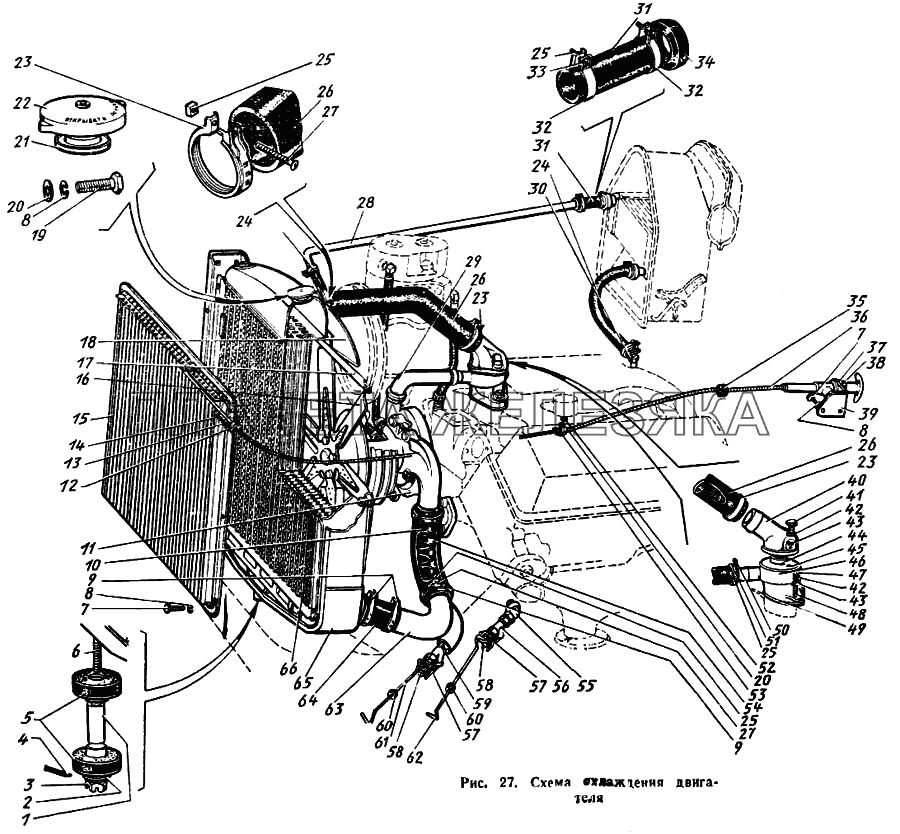 Схема охлаждения двигателя ЗИЛ-431410 Каталог 1989 г.
