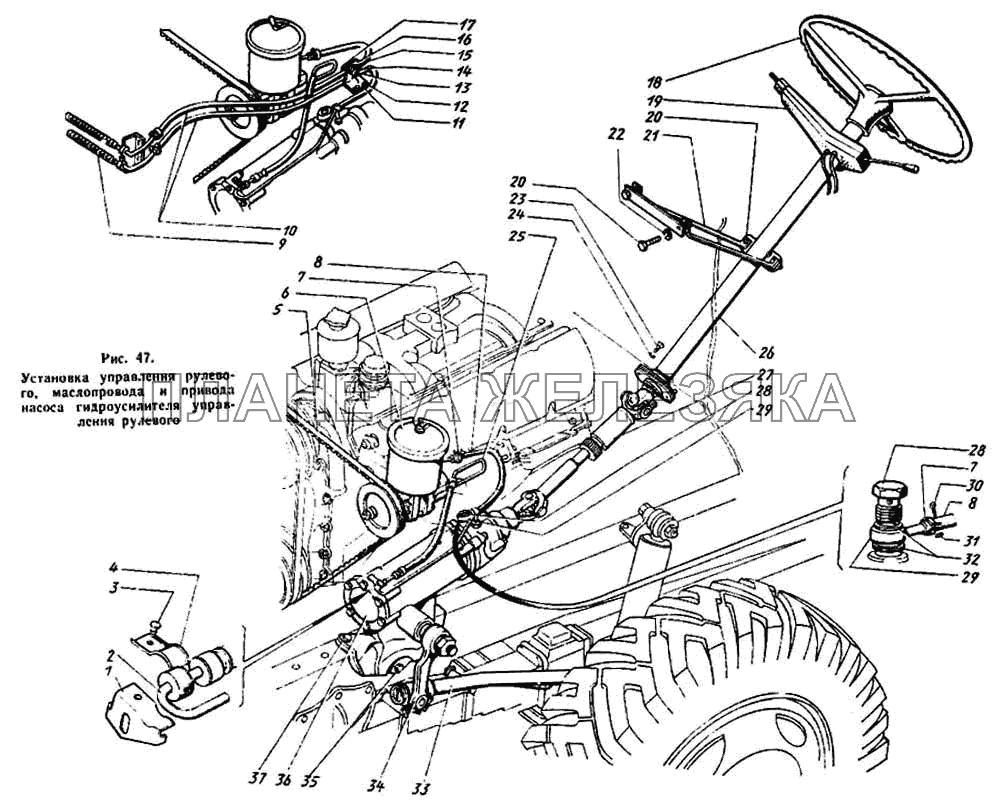Установка управления рулевого, маслопровода и привода насоса гидроусилителя управления рулевого ЗИЛ-431410 Каталог 1989 г.