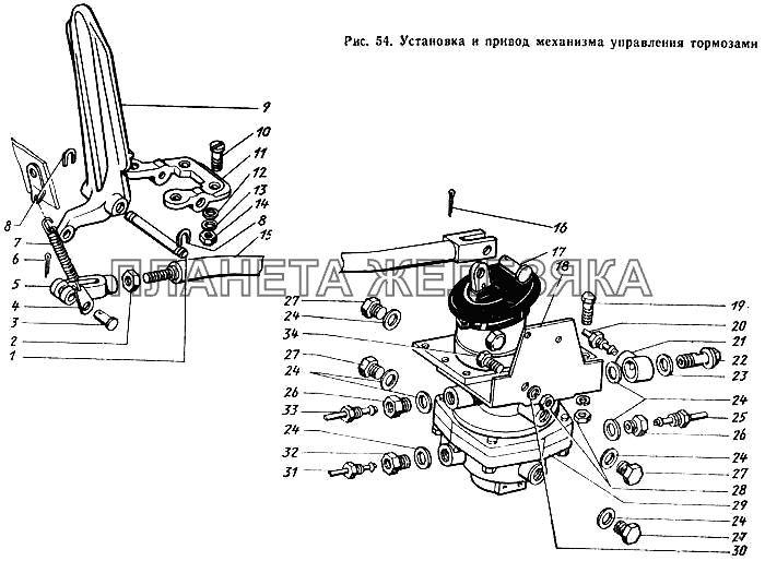 Установка и привод механизма управления тормозами ЗИЛ-431410 Каталог 1989 г.