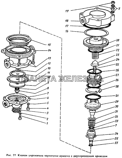 Клапан управления тормозами прицепа с двухпроводным приводом ЗИЛ-431410 Каталог 1989 г.