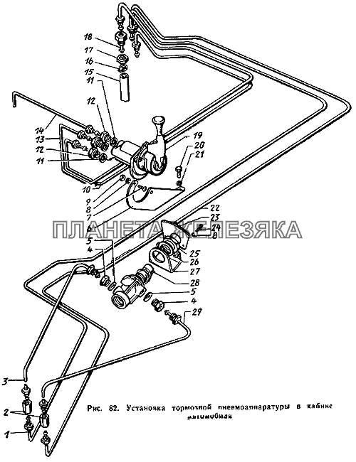 Установка тормозной пневмоаппаратуры в кабине автомобиля ЗИЛ-431410 Каталог 1989 г.