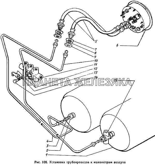 Установка трубопроводов к манометрам воздуха ЗИЛ-431410 Каталог 1989 г.