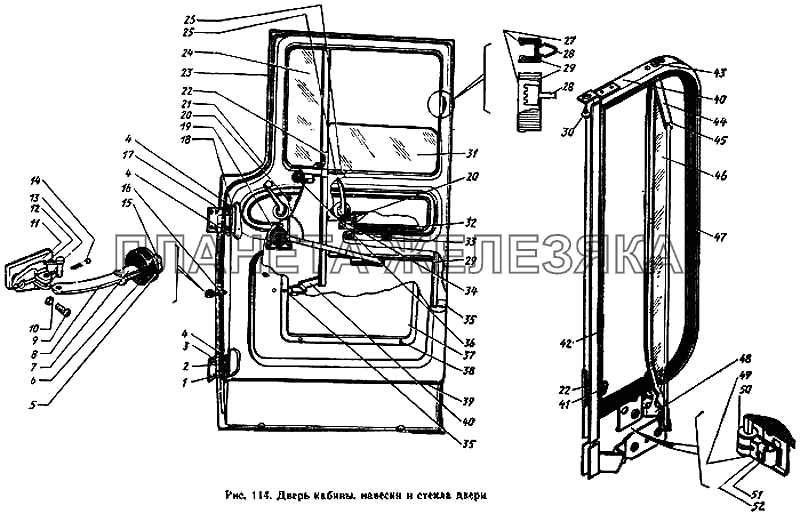 Дверь кабины, навески и стекла двери ЗИЛ-431410 Каталог 1989 г.