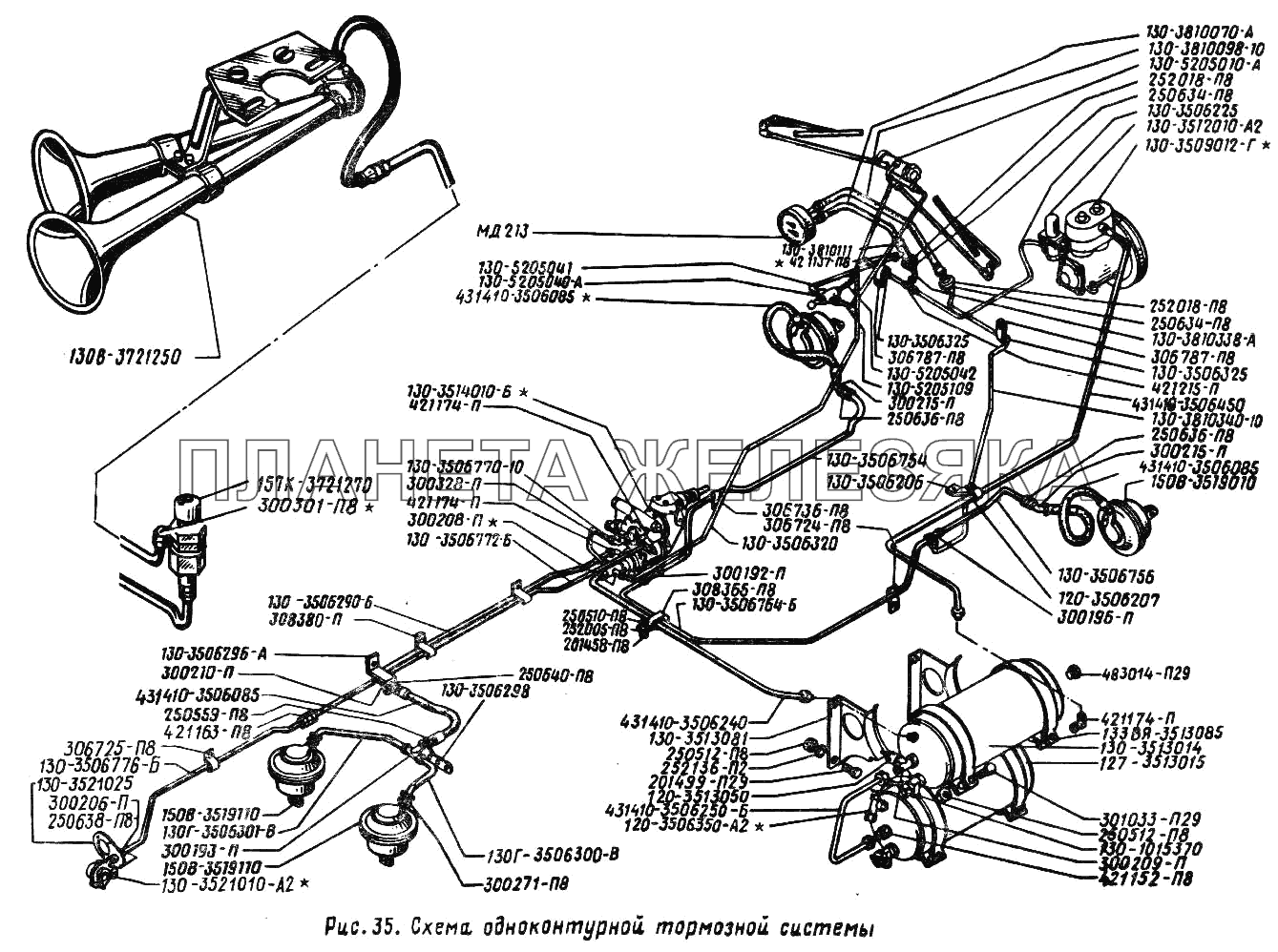 Схема одноконтурной тормозной системы ЗИЛ-431410 (130)