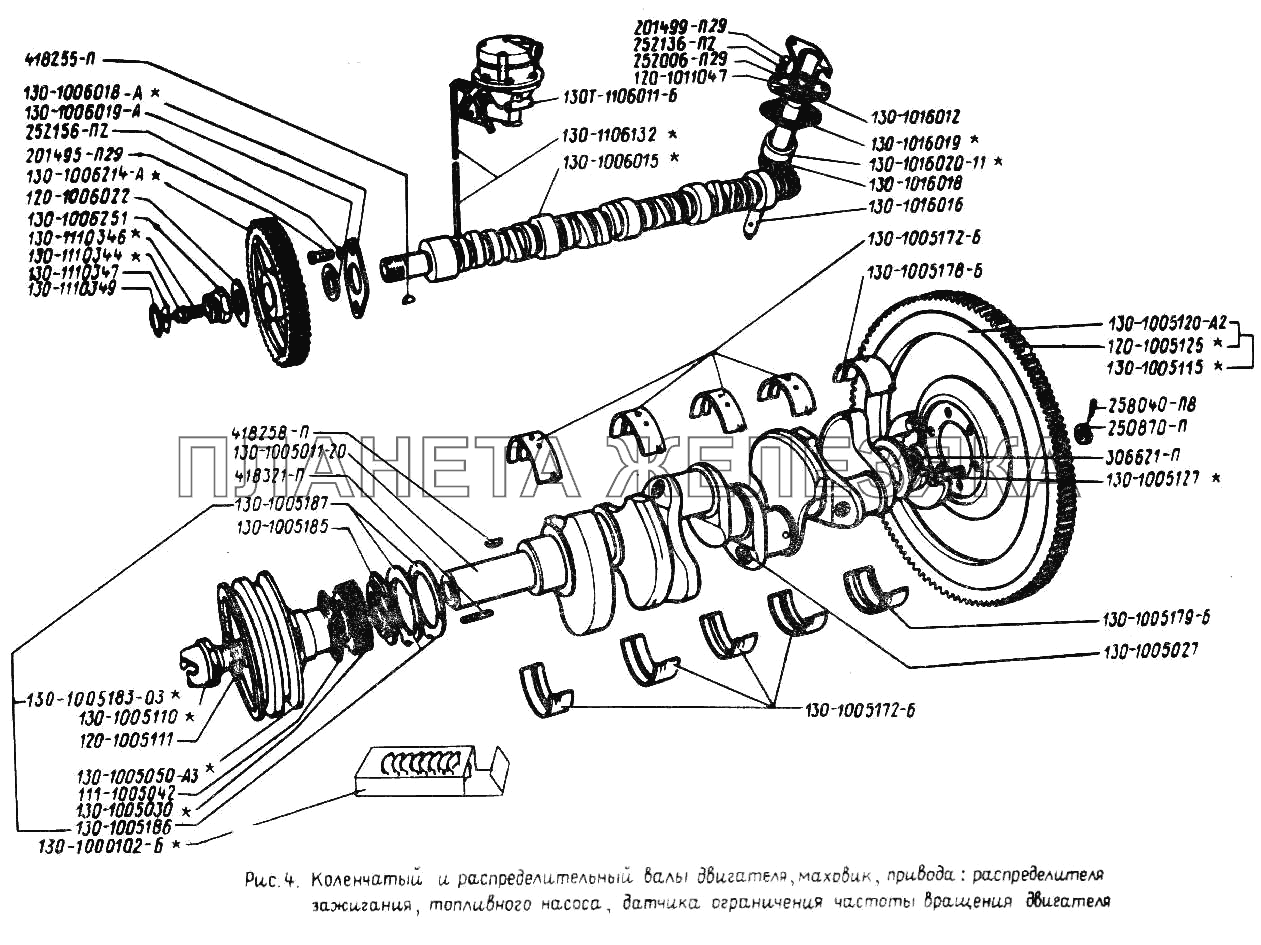 Коленчатый и распределительный валы двигателя, маховик, привода: распределителя зажигания, топливного насоса, датчика ограничения частоты вращения двигателя ЗИЛ-431410 (130)