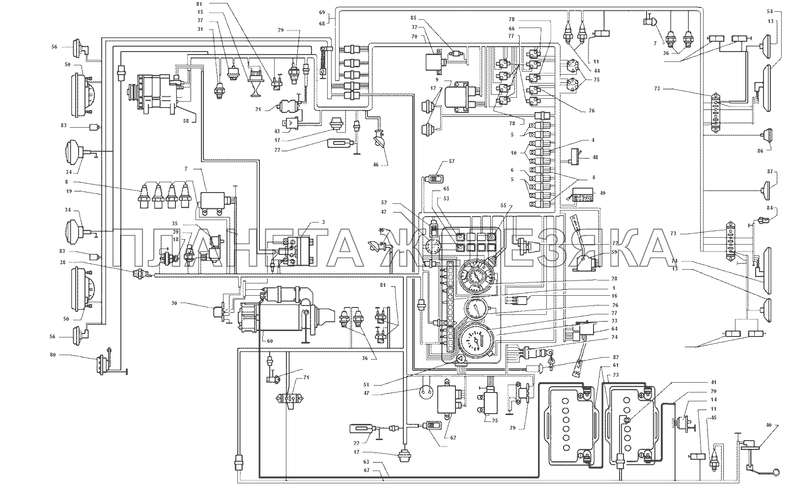 Электрическая схема расположения приборов и пучков проводов ЗИЛ-43272Н, 43273Н