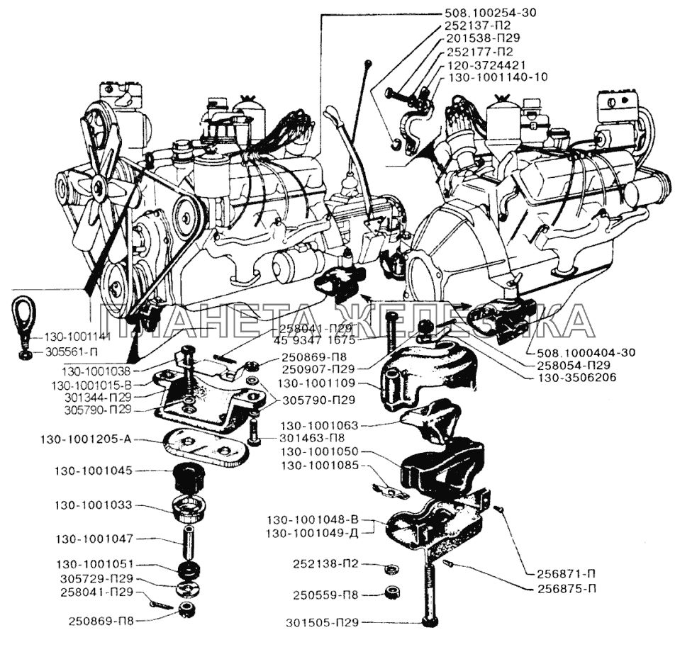 Двигатель и его подвеска ЗИЛ-433110