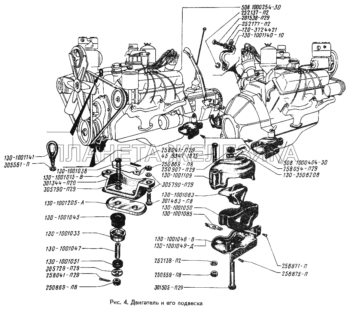 Двигатель и его подвеска ЗИЛ-442160