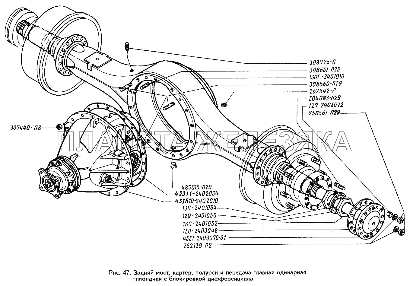 Задний мост, картер, полуоси и передача главная одинарная гипоидная с блокировкой дифференциала ЗИЛ-442160