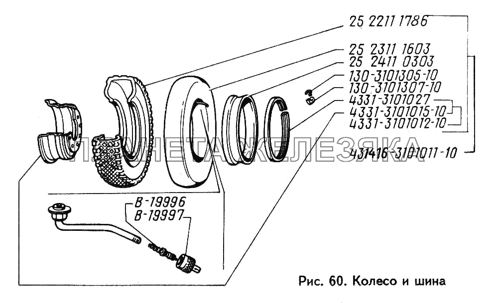 Колесо и шина (Детали колеса, отличающиеся номерами, указаны в спецификации комплектами.) ЗИЛ-442160