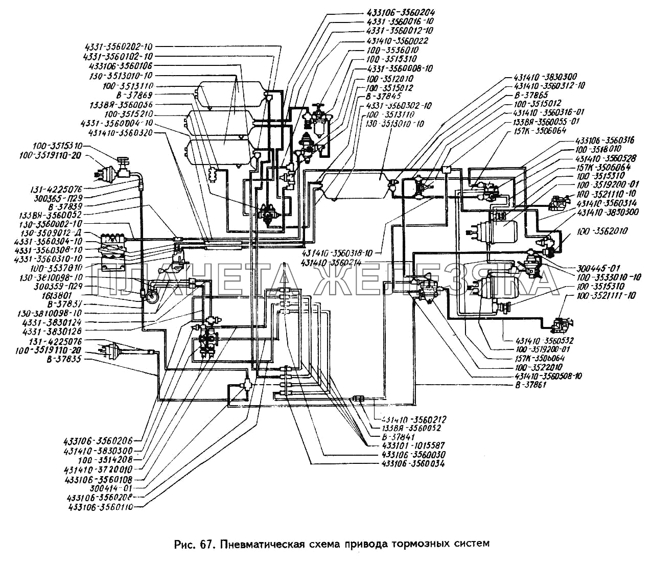 Пневматическая схема привода тормозных систем ЗИЛ-442160