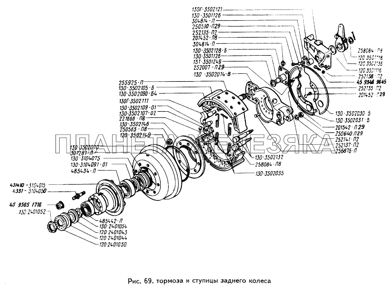 Тормоза и ступицы заднего колеса ЗИЛ-442160