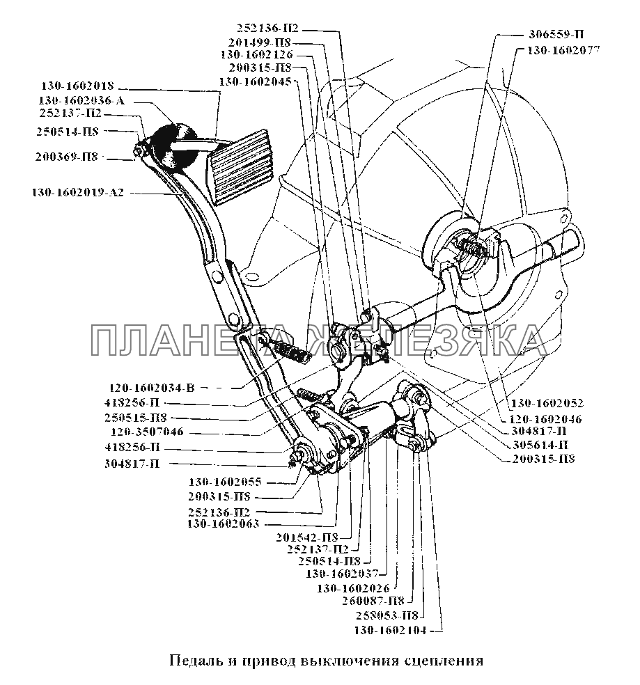 Педаль и привод выключения сцепления ЗИЛ-441517 Каталог 1987 г.