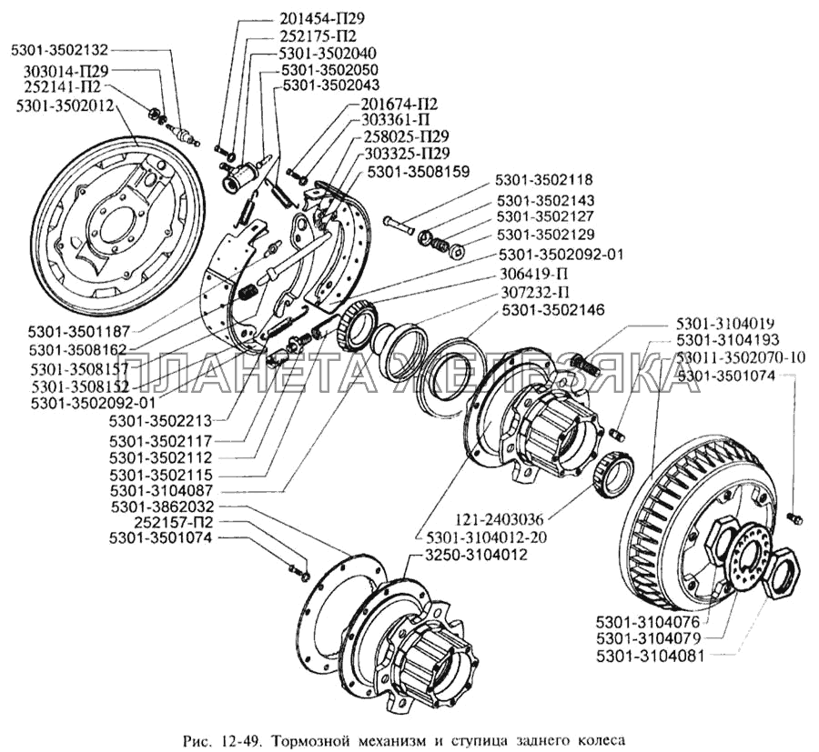 Тормозной механизм и ступица заднего колеса ЗИЛ-3250