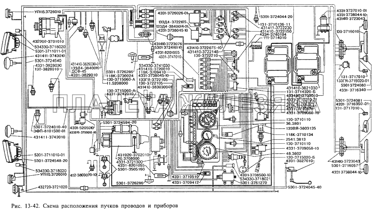 Схема расположения пучков приводов и приборов ЗИЛ-3250
