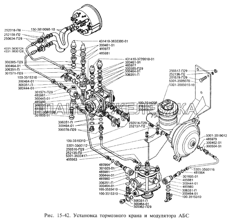 Установка тормозного крана и модулятора АБС ЗИЛ-3250