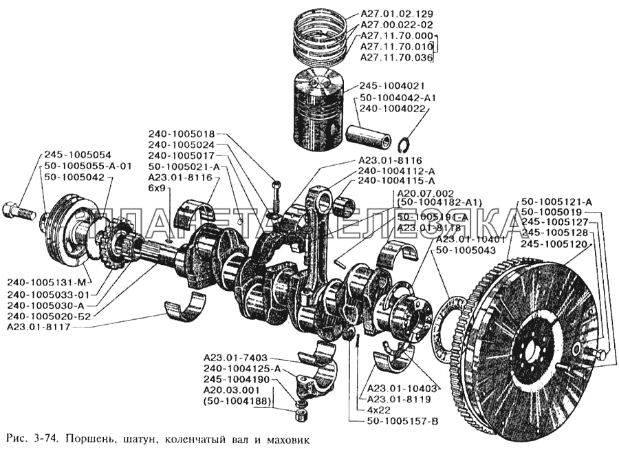 Поршень, шатун, коленчатый вал и маховик ЗИЛ-3250