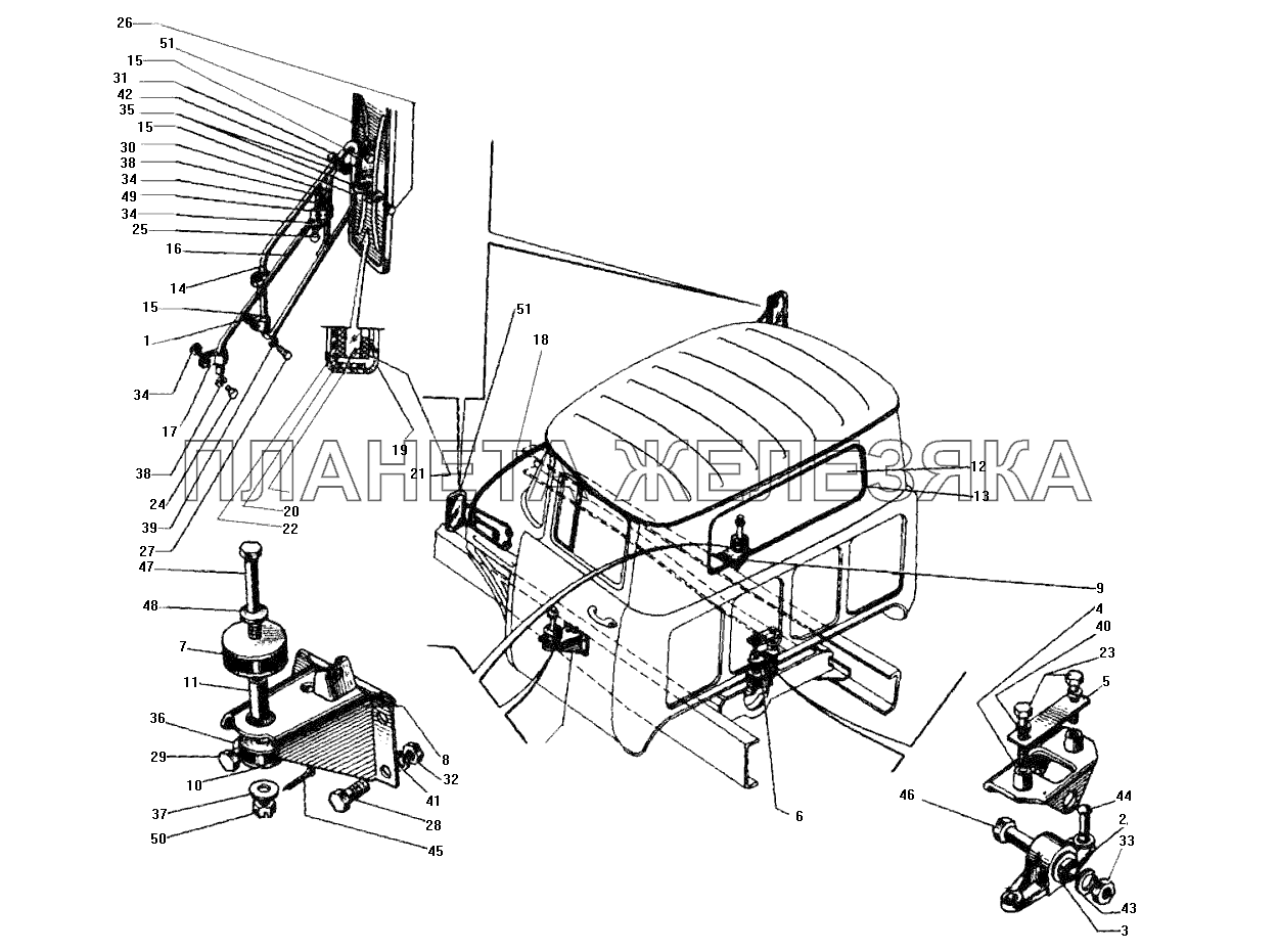 Крепление кабины, стекло заднее, зеркала ЗИЛ-130